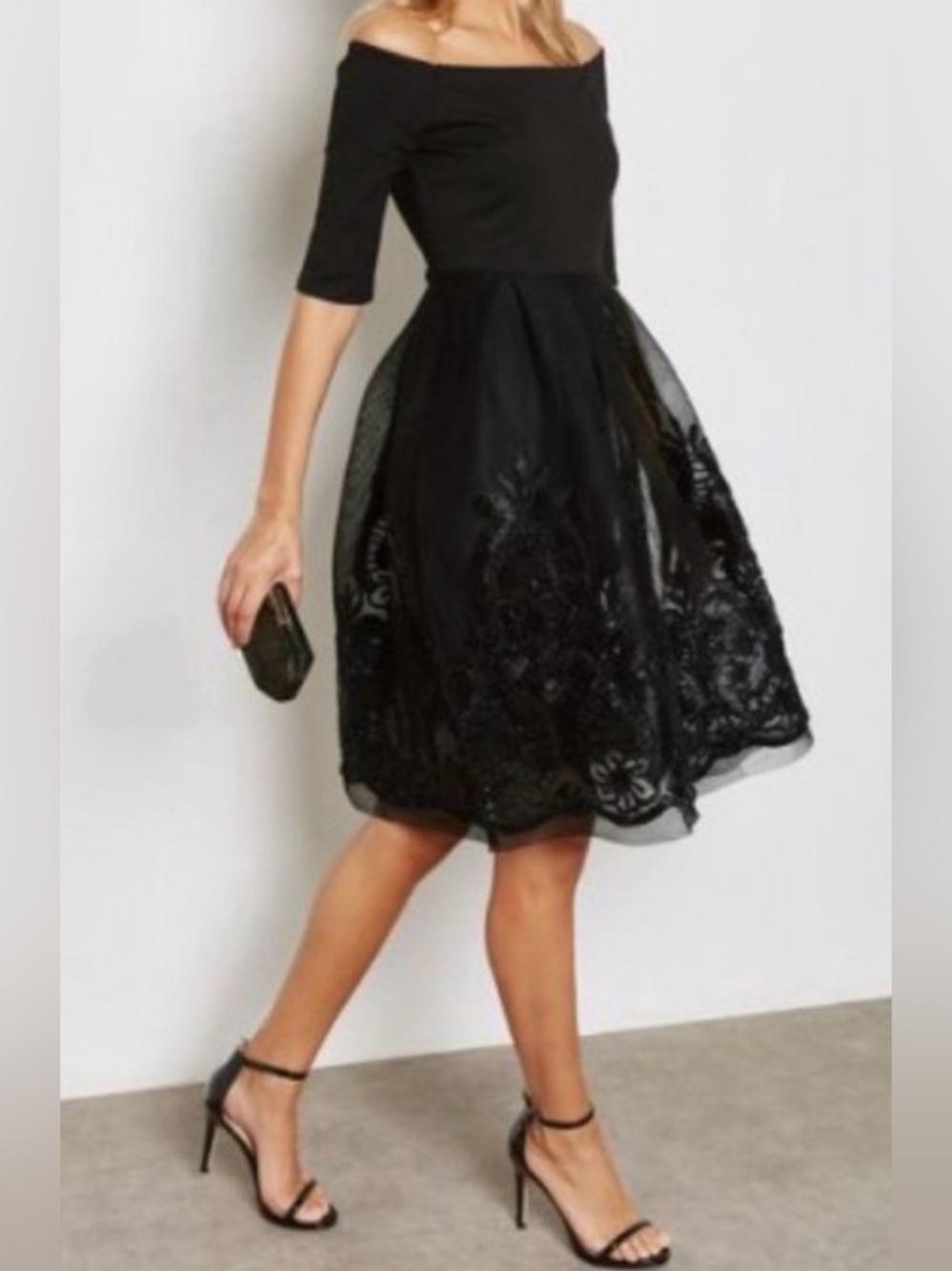 San Joy Little Black Dress Off Shoulder with Embroidered Mesh Skirt Size Small